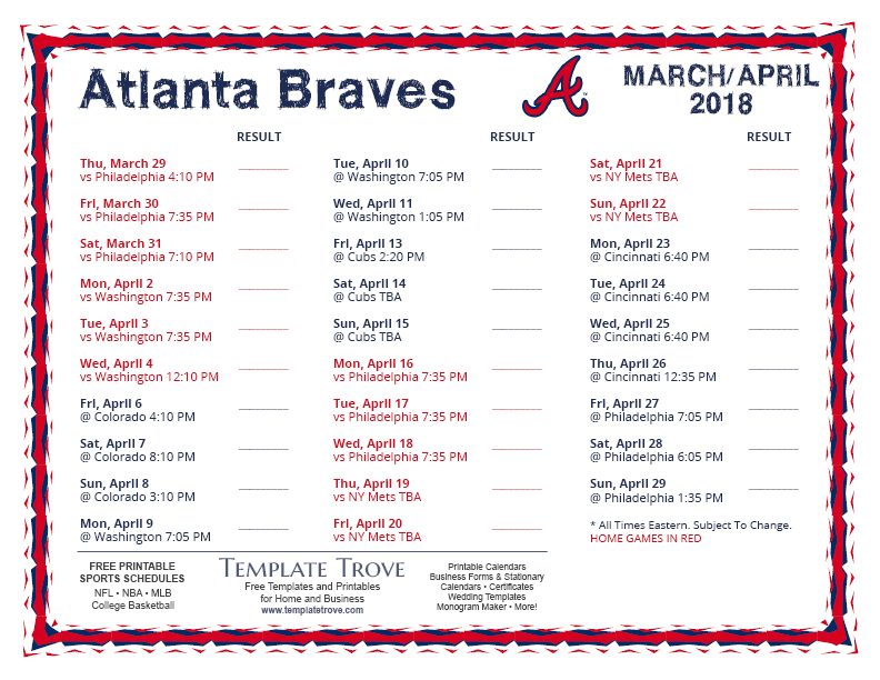 Printable 2018 Atlanta Braves Schedule