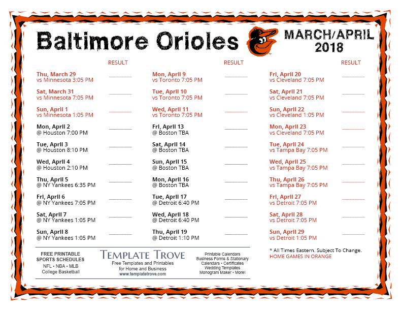 Printable 2018 Baltimore Orioles Schedule