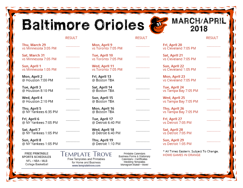 Baltimore Orioles Printable Schedule