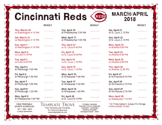 April 2018 Cincinnati Reds Printable Schedule