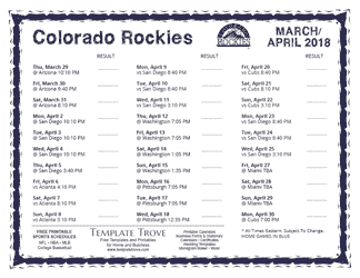 April 2018 Colorado Rockies Printable Schedule