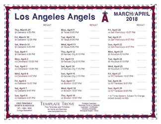 April 2018 Los Angeles Angels Printable Schedule