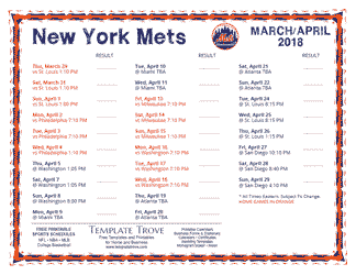 April 2018 New York Mets Printable Schedule