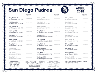 April 2018 San Diego Padres Printable Schedule