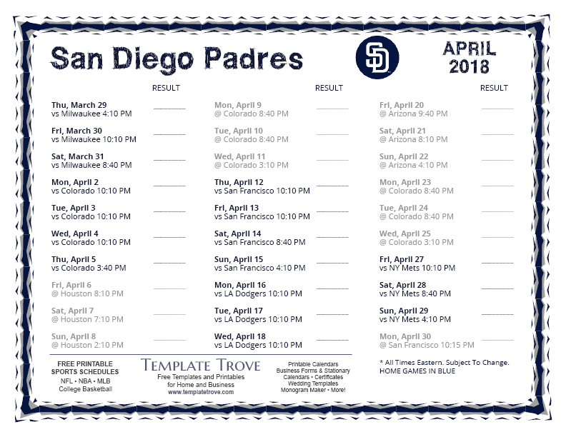 April 2018 San Diego Padres Printable Schedule PNG 