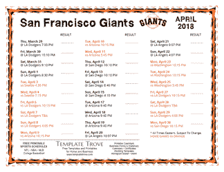 April 2018 San Francisco Giants Printable Schedule
