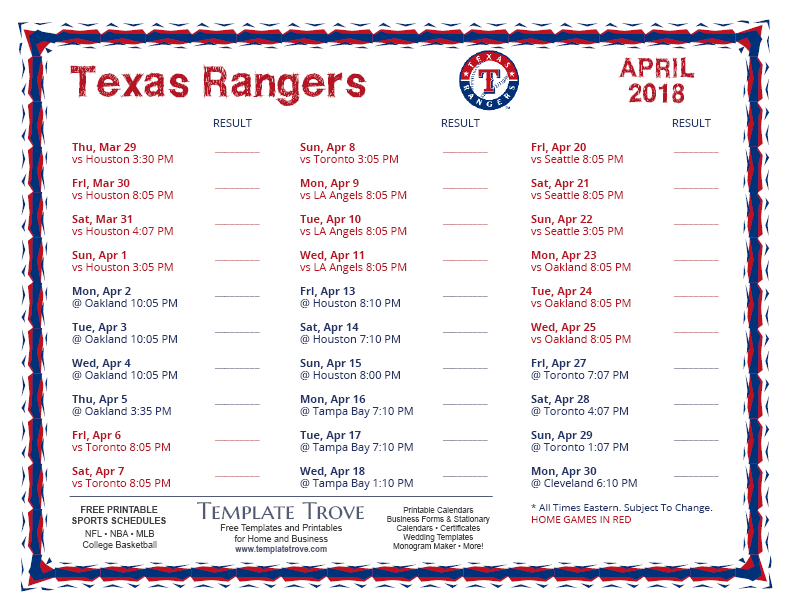 Printable 2018 Texas Rangers Schedule