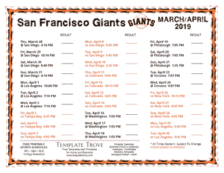 April 2019 San Francisco Giants Printable Schedule