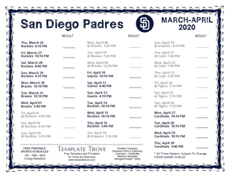 April 2020 San Diego Padres Printable Schedule