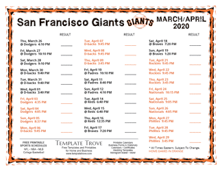 April 2020 San Francisco Giants Printable Schedule