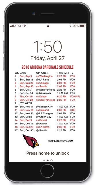2018 Arizona Cardinals Lock Screen Schedule