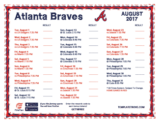 August 2017 Atlanta Braves Printable Schedule