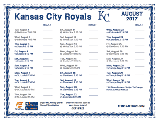 August 2017 Kansas City Royals Printable Schedule
