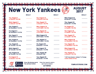 August 2017 New York Yankees Printable Schedule
