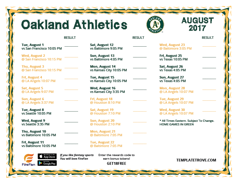 Printable 2017 Oakland Athletics Schedule