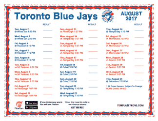 August 2017 Toronto Blue Jays Printable Schedule