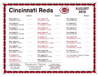 August 2018 Cincinnati Reds Printable Schedule
