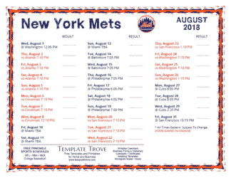 August 2018 New York Mets Printable Schedule