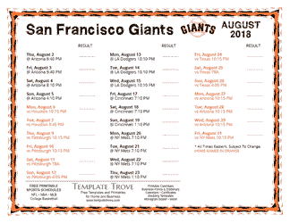 August 2018 San Francisco Giants Printable Schedule