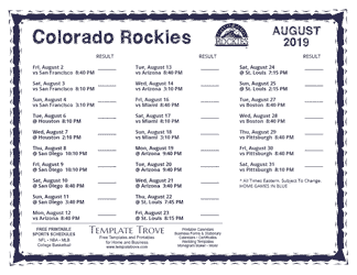August 2019 Colorado Rockies Printable Schedule
