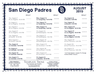 August 2019 Padres Schedule