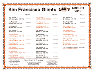 August 2019 San Francisco Giants Printable Schedule
