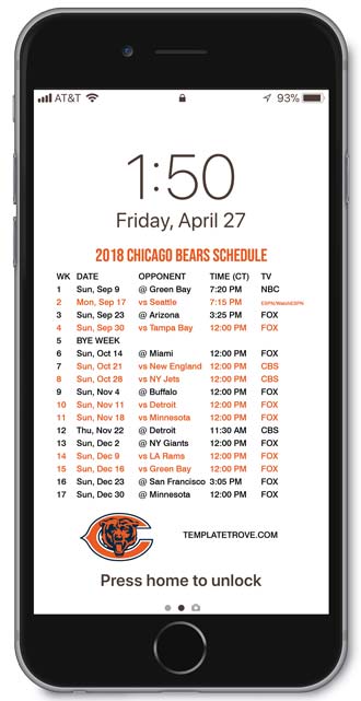 2018 Chicago Bears Lock Screen Schedule