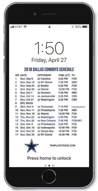 2018 Dallas Cowboys Lock Screen Schedule