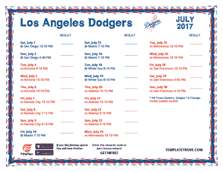 July 2017 Los Angeles Dodgers Printable Schedule