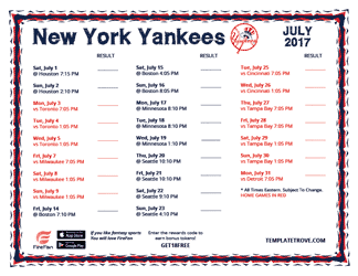 July 2017 New York Yankees Printable Schedule