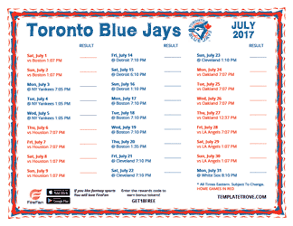 July 2017 Toronto Blue Jays Printable Schedule