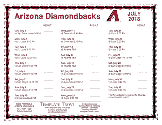 July 2018 Arizona Diamondbacks Printable Schedule