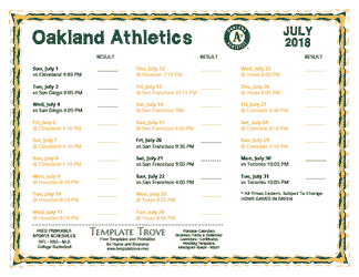 July 2018 Oakland Athletics Printable Schedule