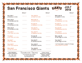July 2018 San Francisco Giants Printable Schedule