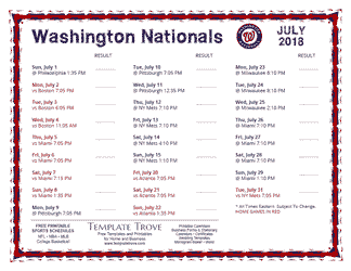 July 2018 Washington Nationals Printable Schedule