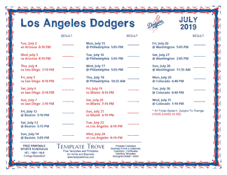 July 2019 Los Angeles Dodgers Printable Schedule