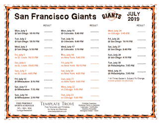 July 2019 San Francisco Giants Printable Schedule