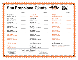 July 2020 San Francisco Giants Printable Schedule