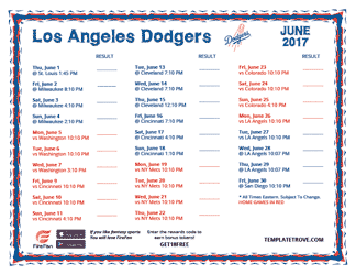 June 2017 Los Angeles Dodgers Printable Schedule