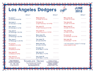 June 2018 Los Angeles Dodgers Printable Schedule