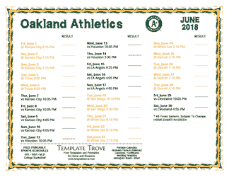 June 2018 Oakland Athletics Printable Schedule
