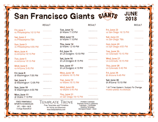 June 2018 San Francisco Giants Printable Schedule