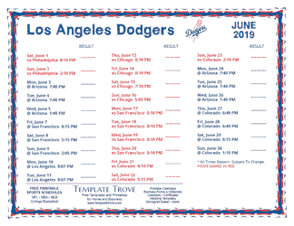 June 2019 Los Angeles Dodgers Printable Schedule