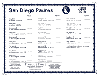 June 2019 San Diego Padres Printable Schedule