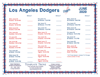 June 2020 Los Angeles Dodgers Printable Schedule