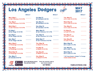 May 2017 Los Angeles Dodgers Printable Schedule
