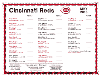 May 2018 Cincinnati Reds Printable Schedule