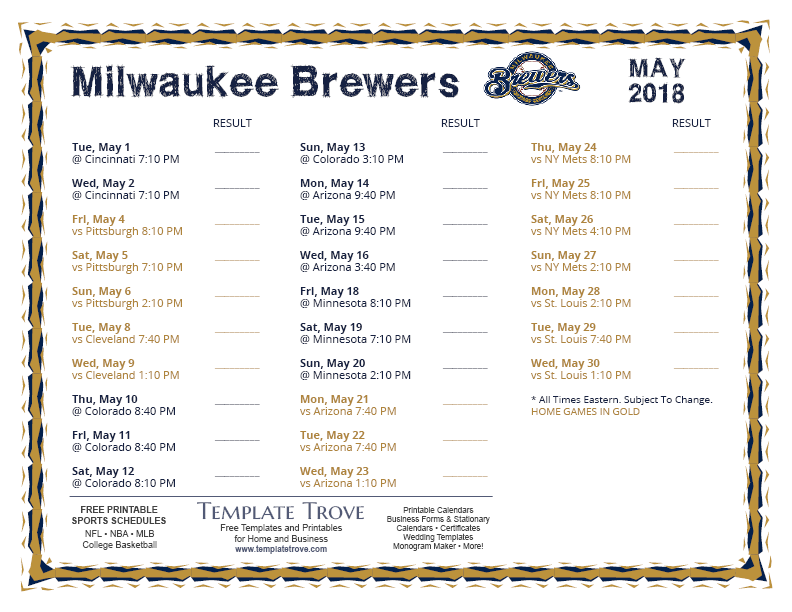 Printable 2018 Milwaukee Brewers Schedule