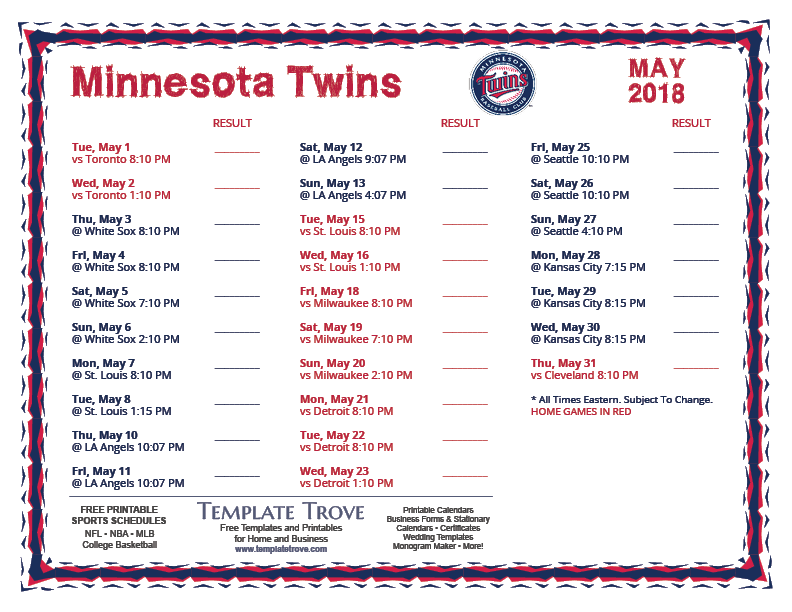 Printable 2018 Minnesota Twins Schedule