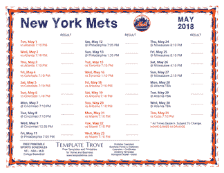 May 2018 New York Mets Printable Schedule